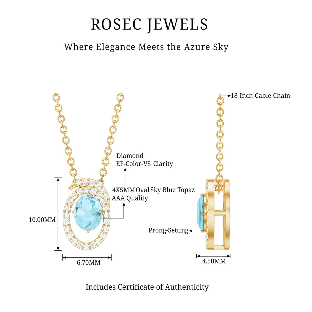 Natural Oval Sky Blue Topaz Diamond Pendant Necklace with Chain