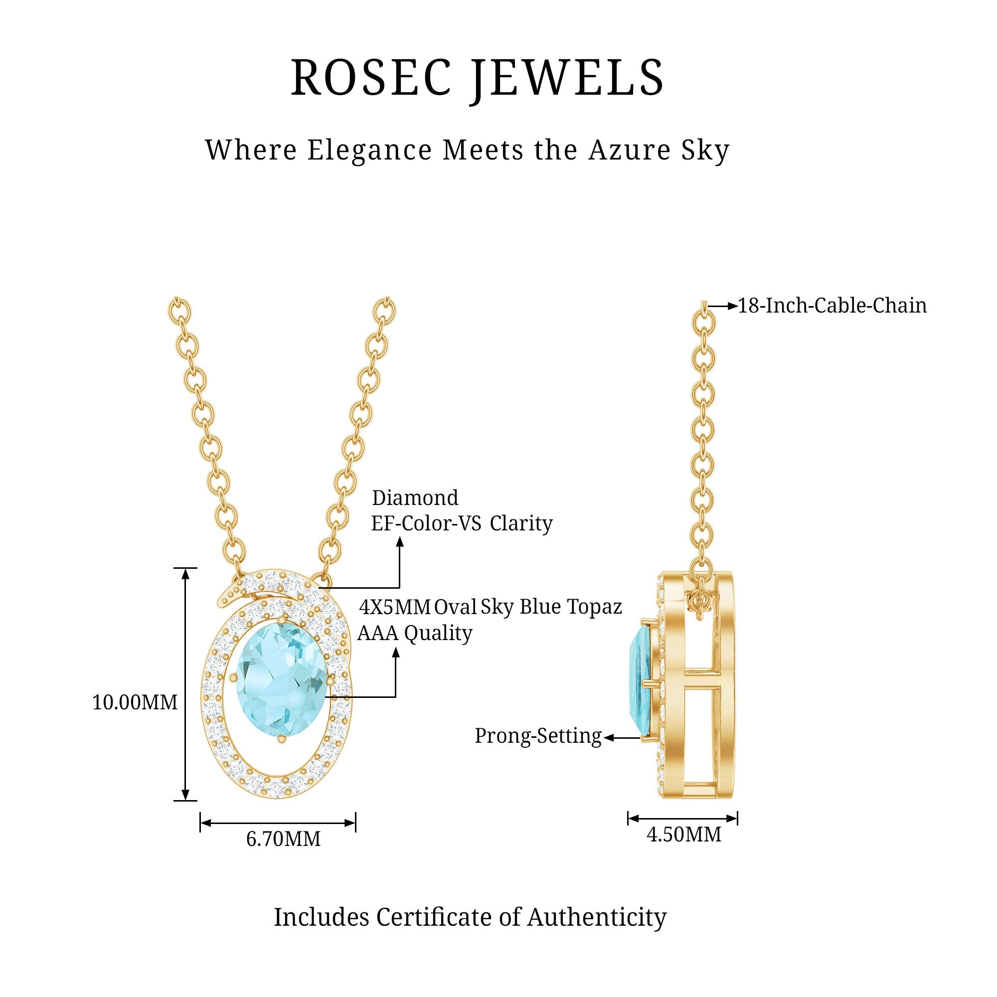 Natural Oval Sky Blue Topaz Diamond Pendant Necklace with Chain