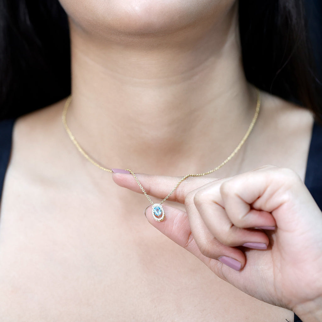 Natural Oval Sky Blue Topaz Diamond Pendant Necklace with Chain