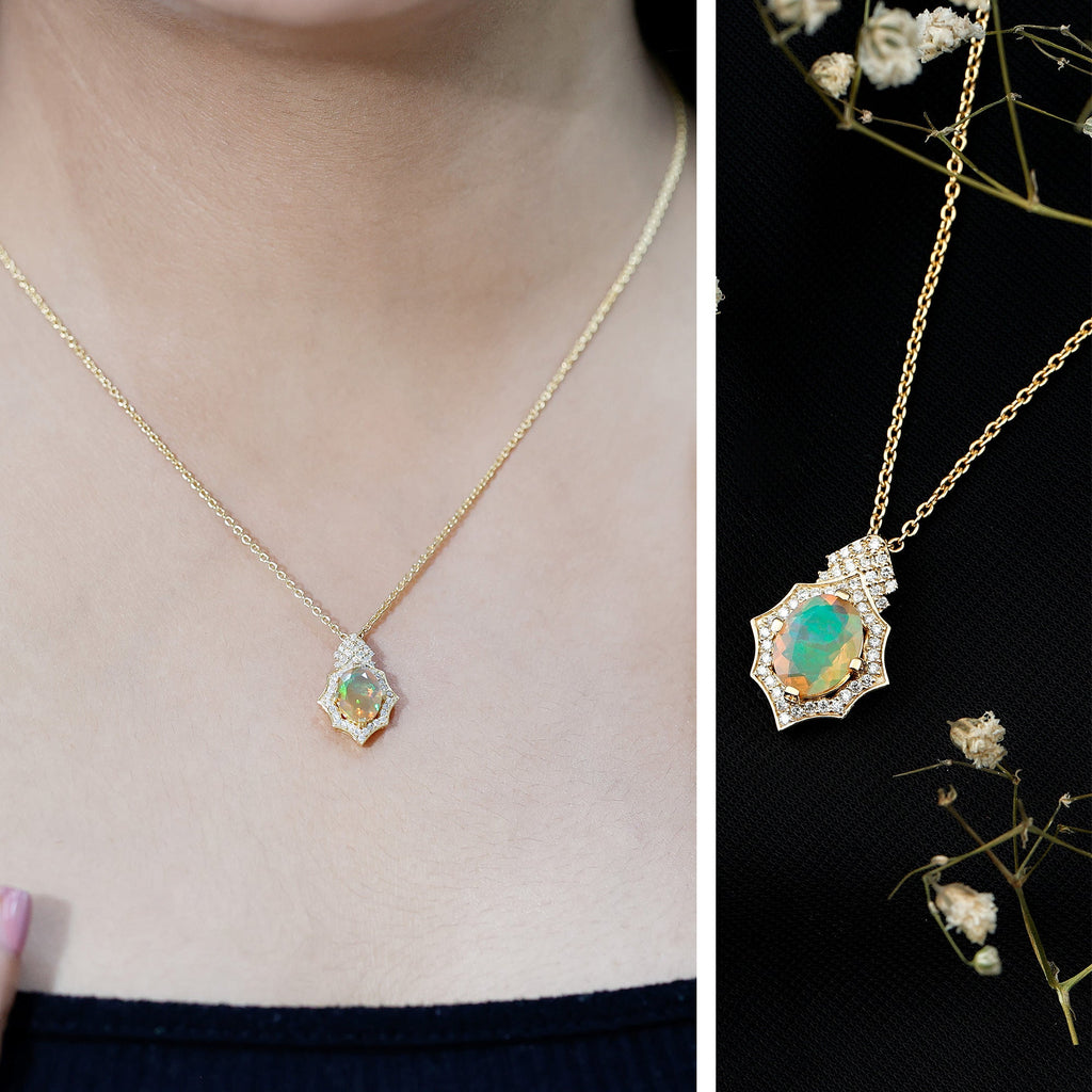 Natural 7X9 mm Opal Diamond Vintage Necklace with Certificate
