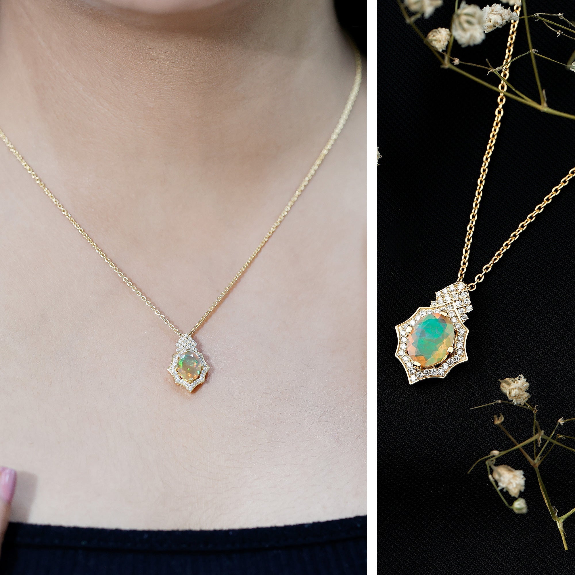 Natural 7X9 mm Opal Diamond Vintage Necklace with Certificate