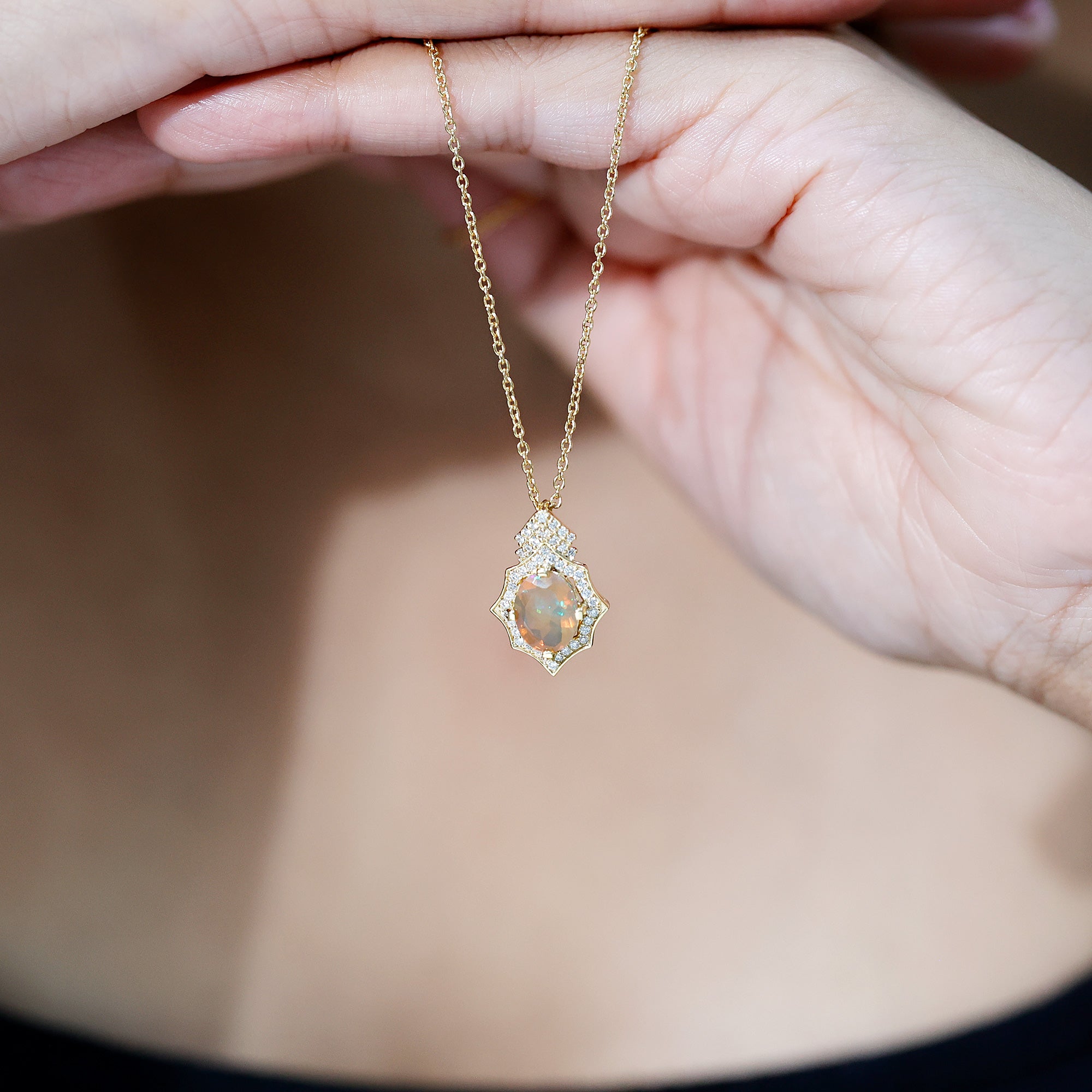 Natural 7X9 mm Opal Diamond Vintage Necklace with Certificate