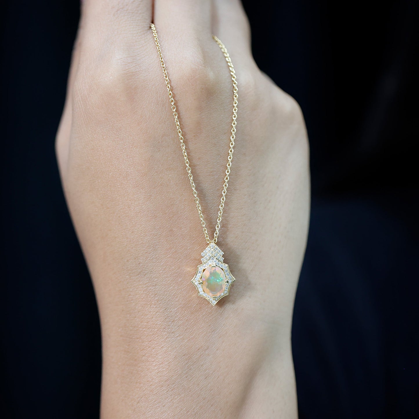 Natural 7X9 mm Opal Diamond Vintage Necklace with Certificate