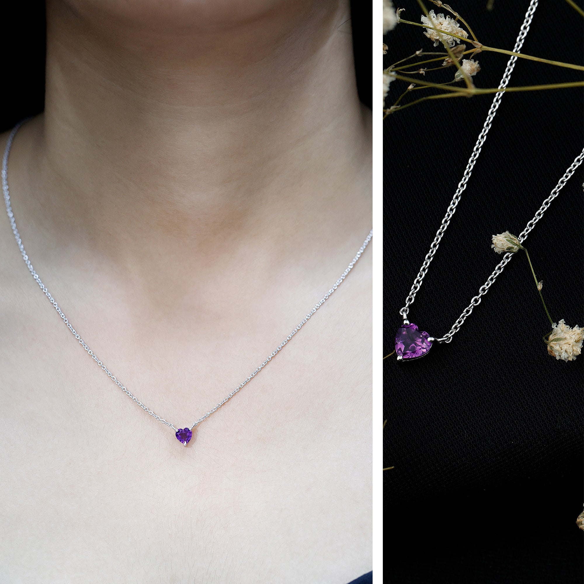 Real Amethyst Heart Necklace with Chain in Sterling Silver