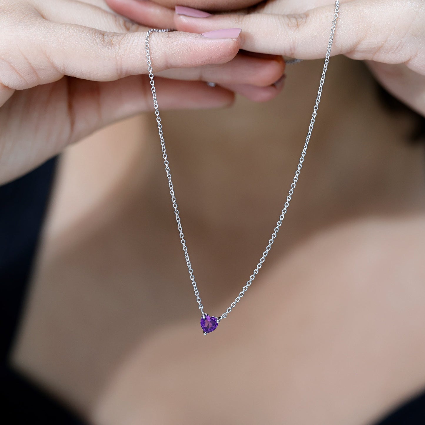 Real Amethyst Heart Necklace with Chain in Sterling Silver