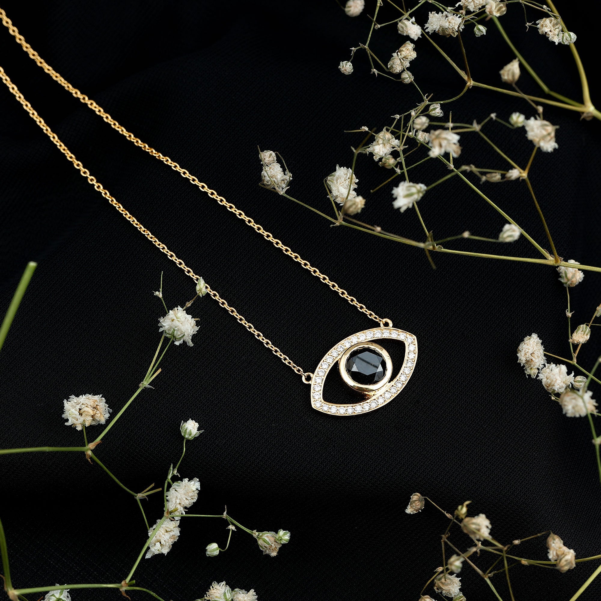 Certified Black and White Diamond Evil Eye Necklace in Silver