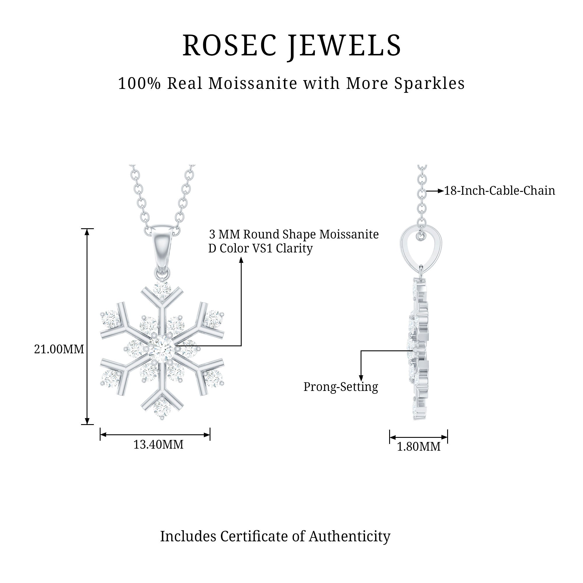 Certified Moissanite Snowflake Silver Pendant in 2 Prong Setting