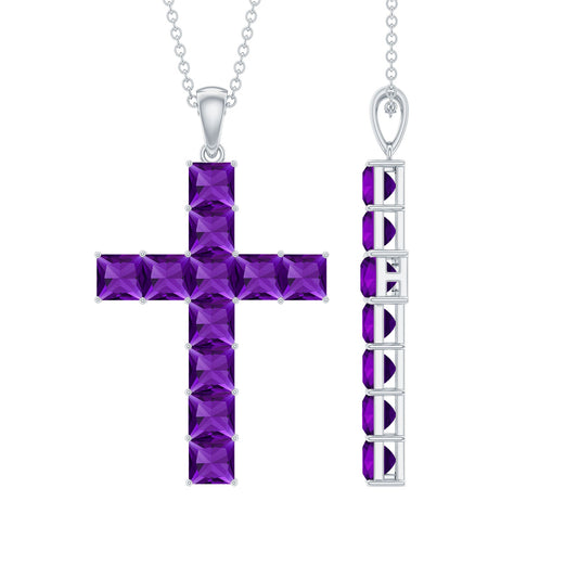 Princess Cut Amethyst Cross Pendant Necklace with Chain