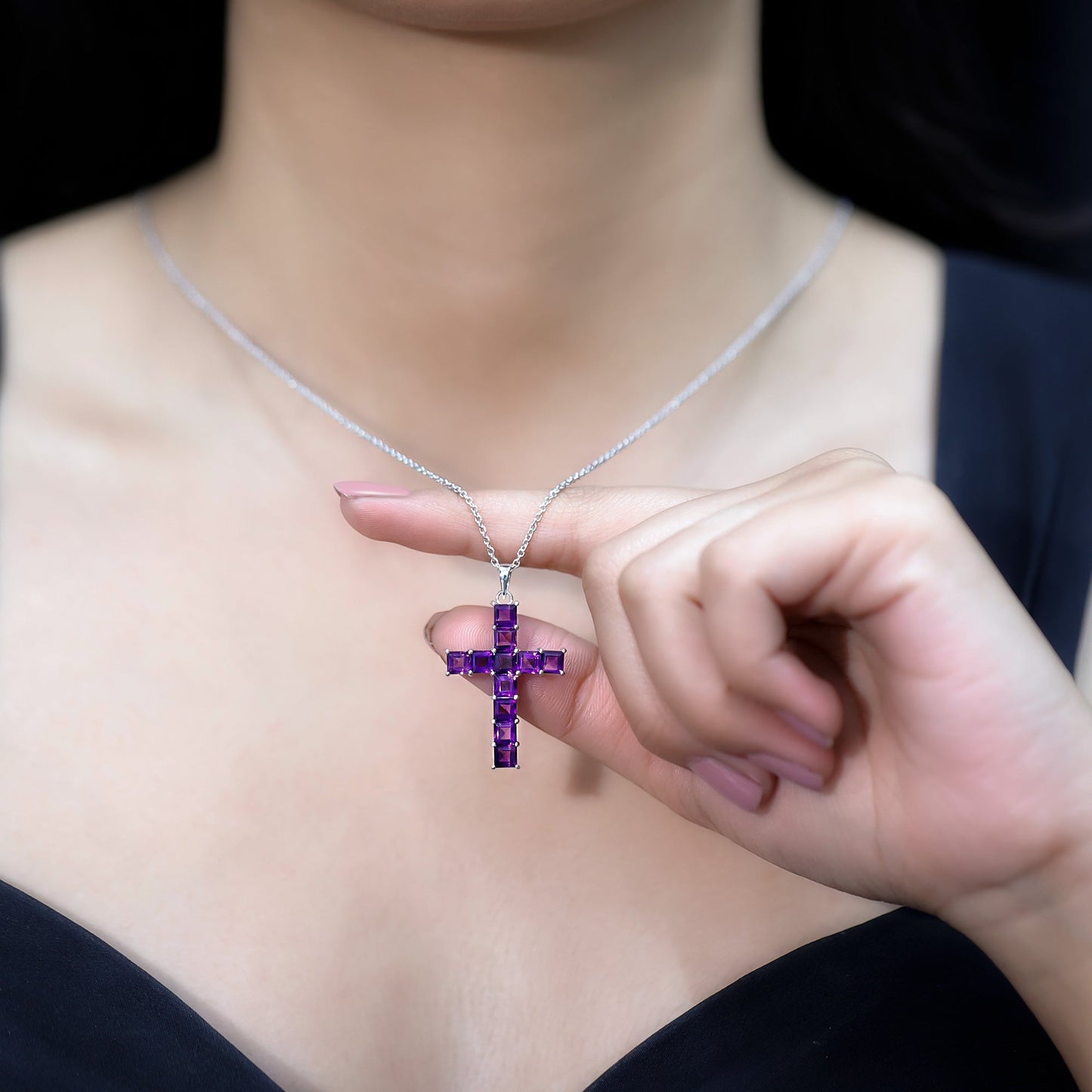 Princess Cut Amethyst Cross Pendant Necklace with Chain