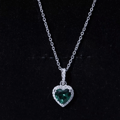 Lab Grown Emerald Heart Necklace with Moissanite Halo