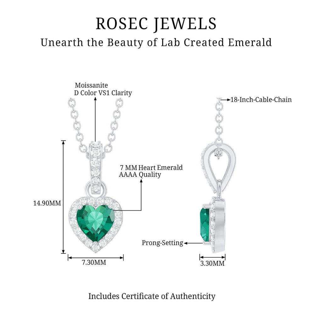 Lab Grown Emerald Heart Necklace with Moissanite Halo