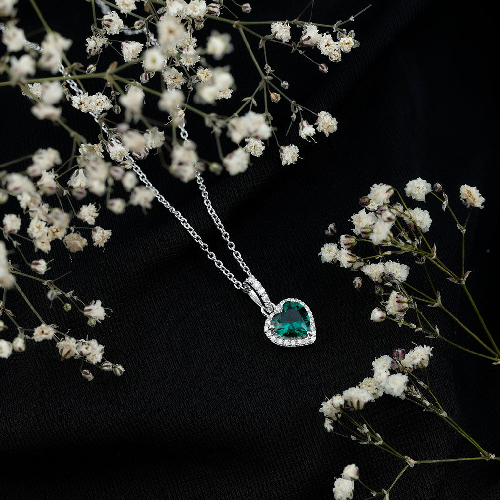 Lab Grown Emerald Heart Necklace with Moissanite Halo