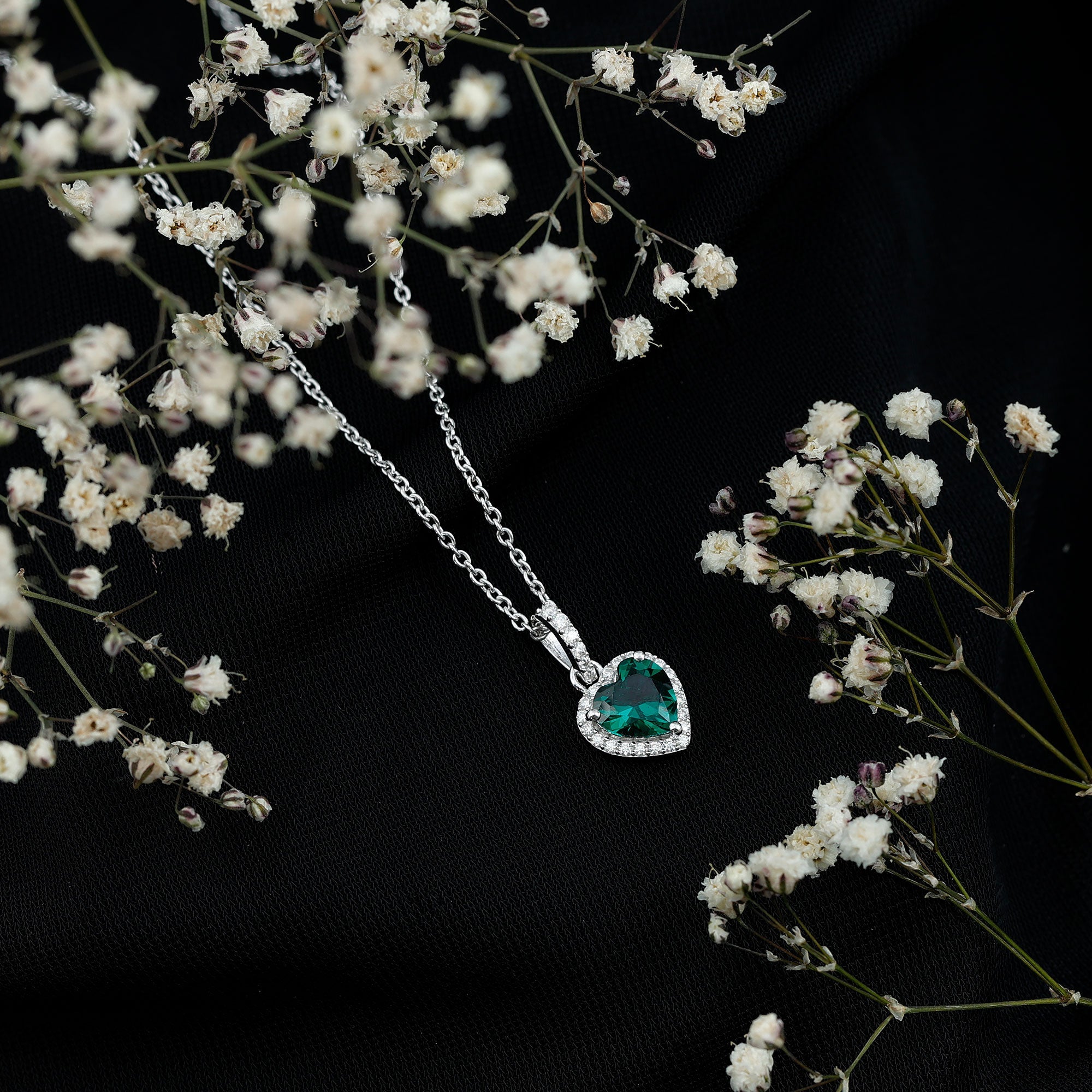 Lab Grown Emerald Heart Necklace with Moissanite Halo