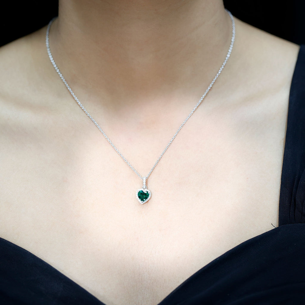 Lab Grown Emerald Heart Necklace with Moissanite Halo