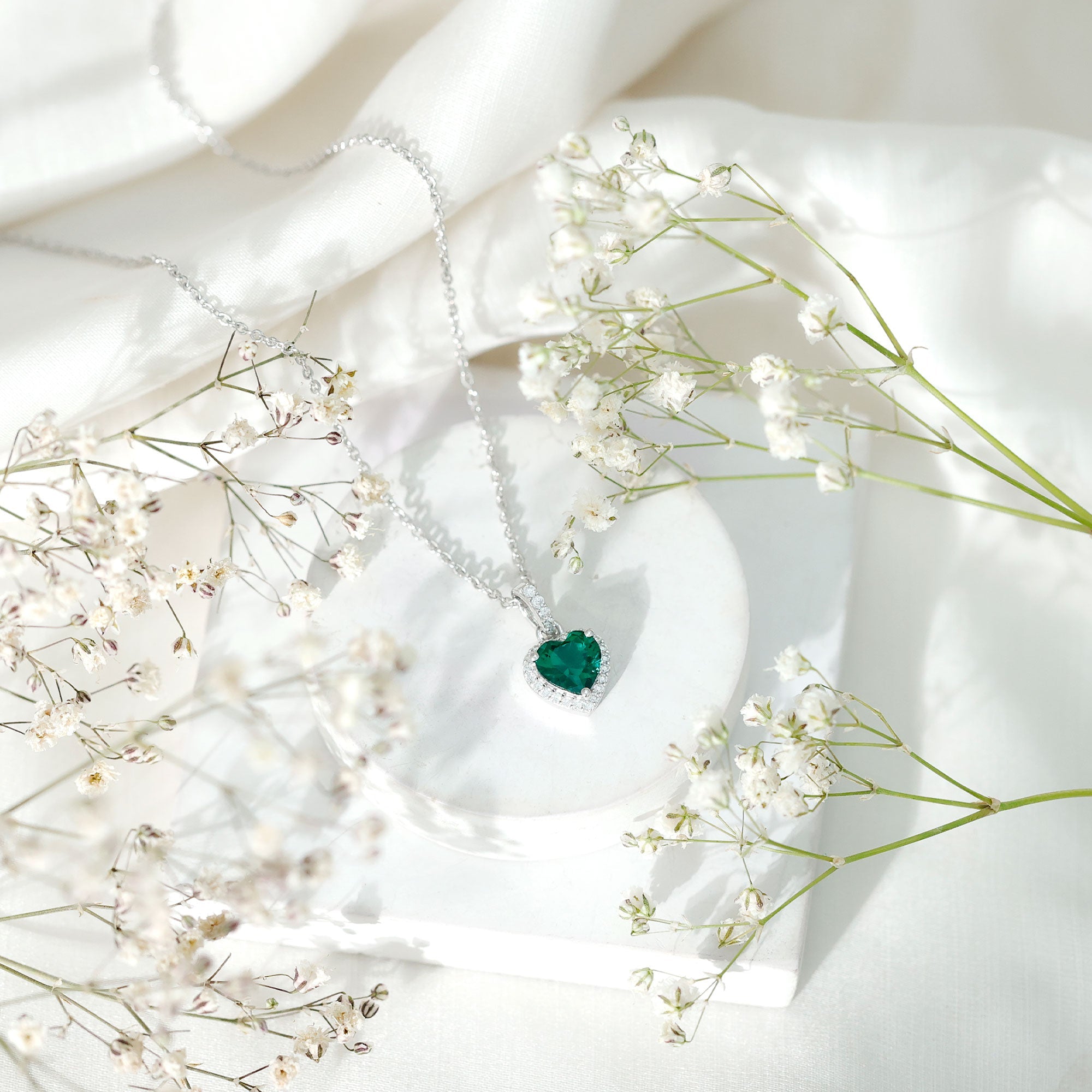 Lab Grown Emerald Heart Necklace with Moissanite Halo