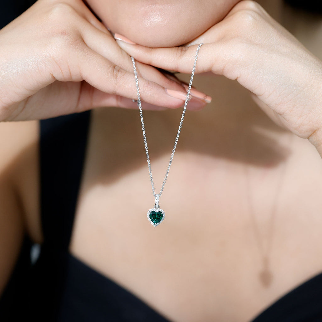 Lab Grown Emerald Heart Necklace with Moissanite Halo