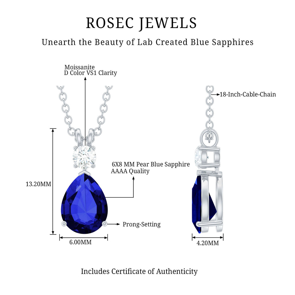 Certified 6X8 MM Lab Grown Blue Sapphire Teardrop Necklace with Moissanite