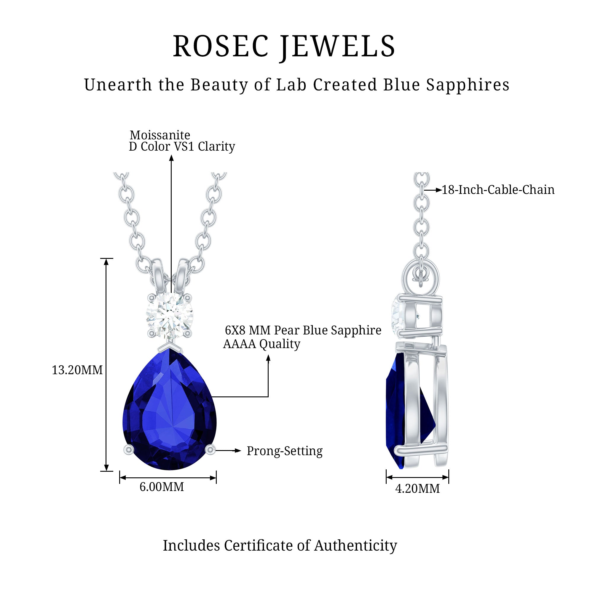 Certified 6X8 MM Lab Grown Blue Sapphire Teardrop Necklace with Moissanite
