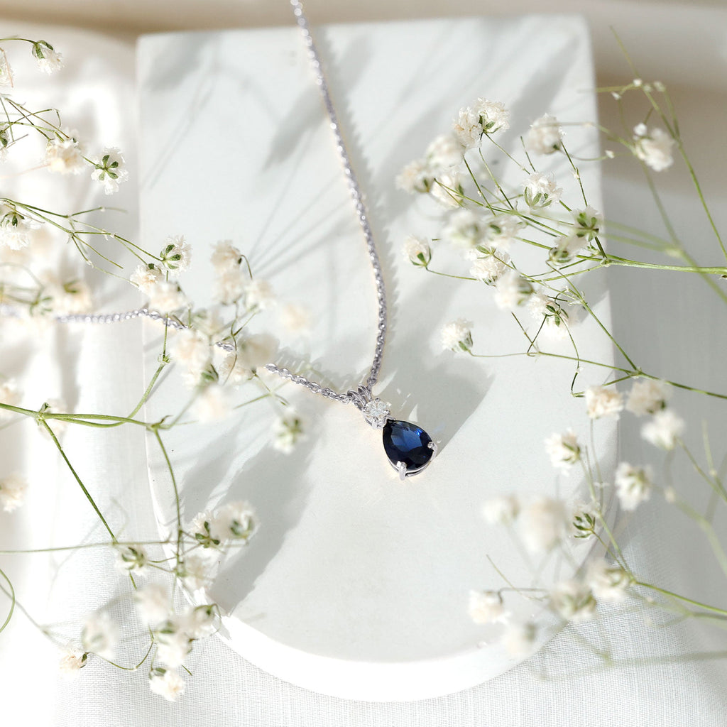 Certified 6X8 MM Lab Grown Blue Sapphire Teardrop Necklace with Moissanite