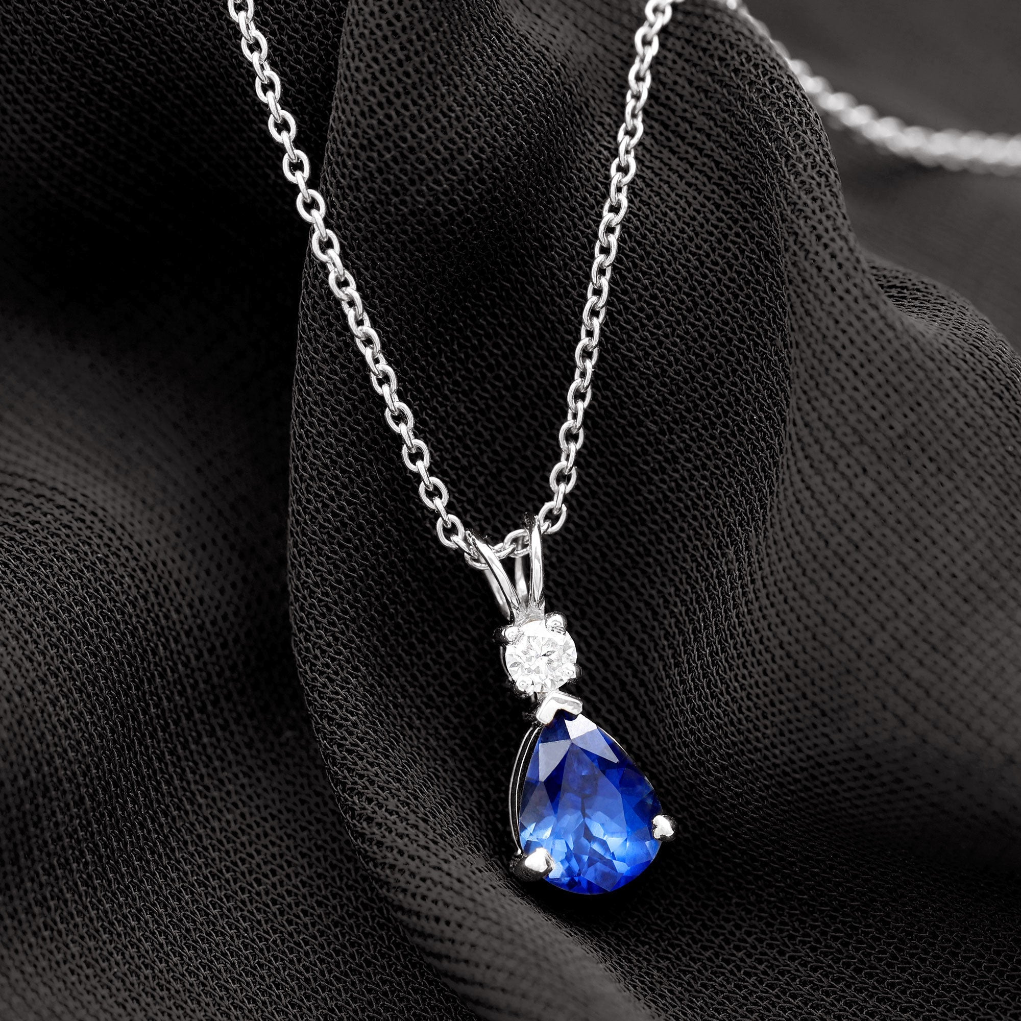 Certified 6X8 MM Lab Grown Blue Sapphire Teardrop Necklace with Moissanite