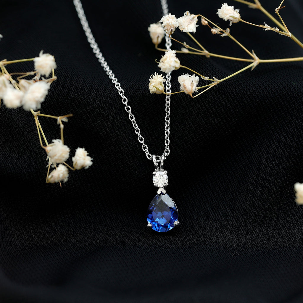 Certified 6X8 MM Lab Grown Blue Sapphire Teardrop Necklace with Moissanite