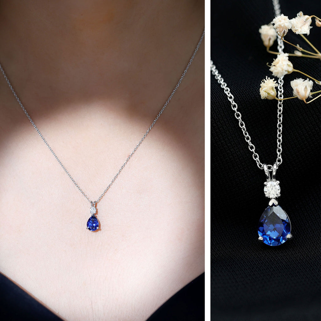 Certified 6X8 MM Lab Grown Blue Sapphire Teardrop Necklace with Moissanite