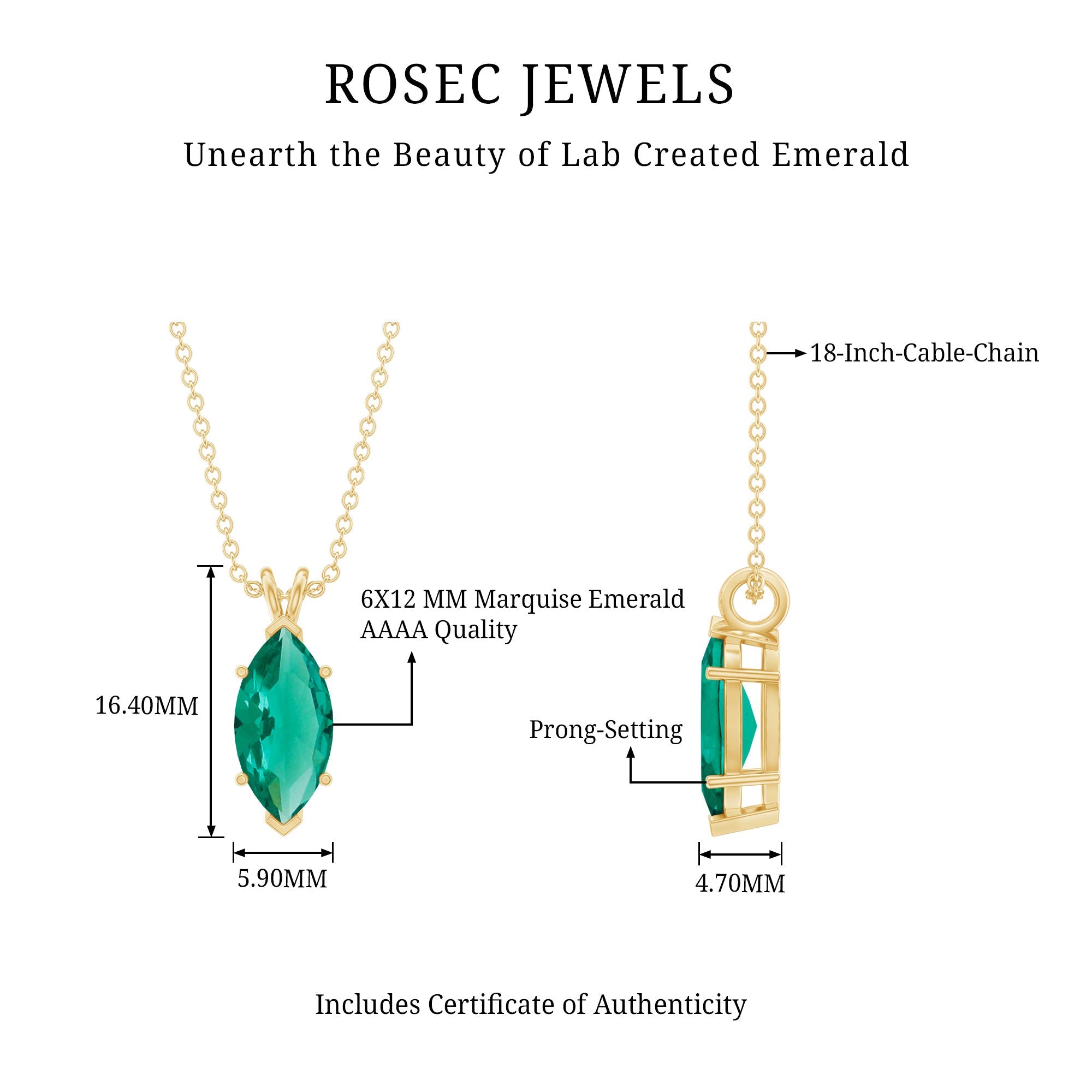 Marquise Cut 6X12 MM Lab Grown Emerald Chain Necklace