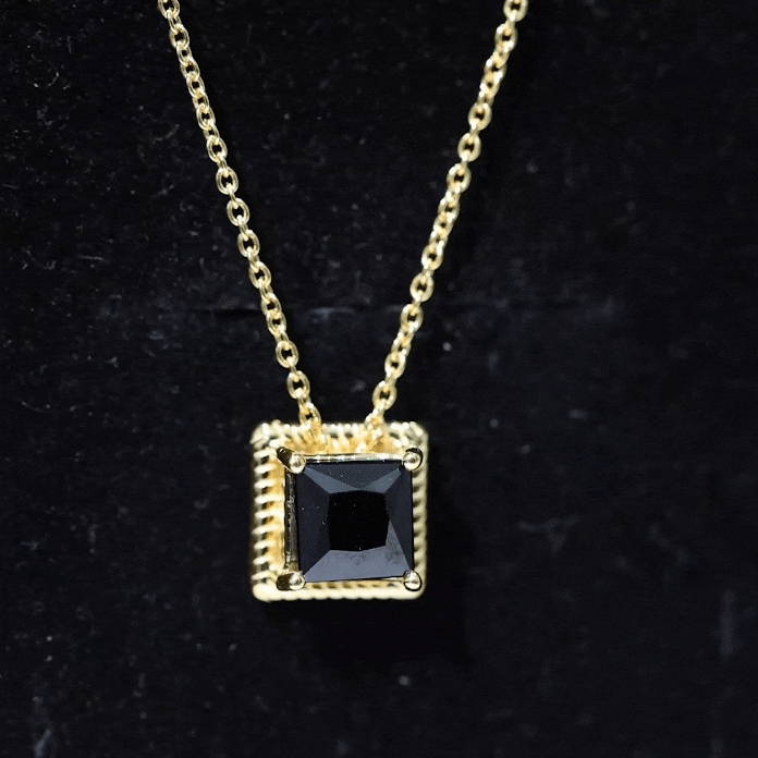 Natural Black Spinel Princess Cut Necklace in Gold Plated Silver