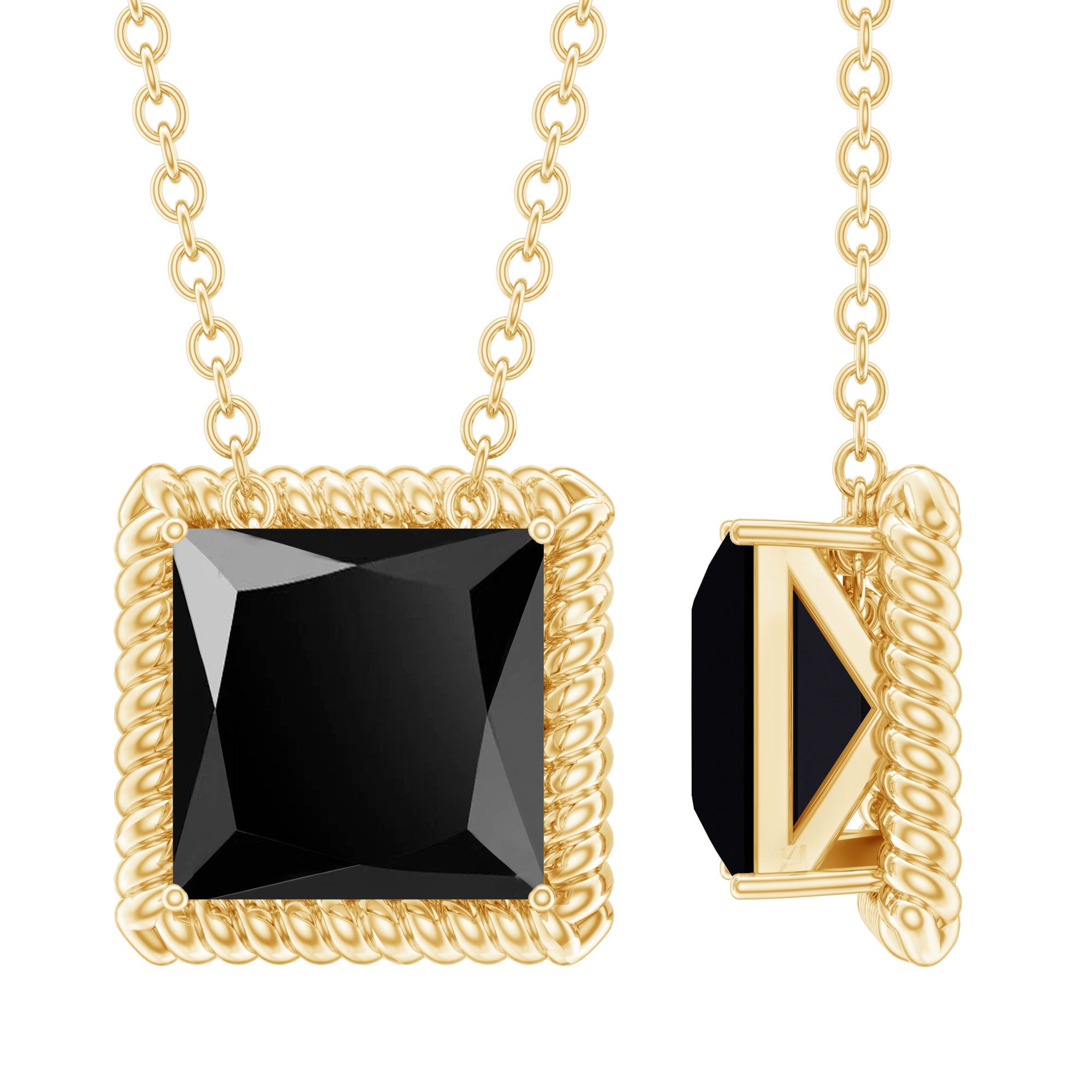 Natural Black Spinel Princess Cut Necklace in Gold Plated Silver