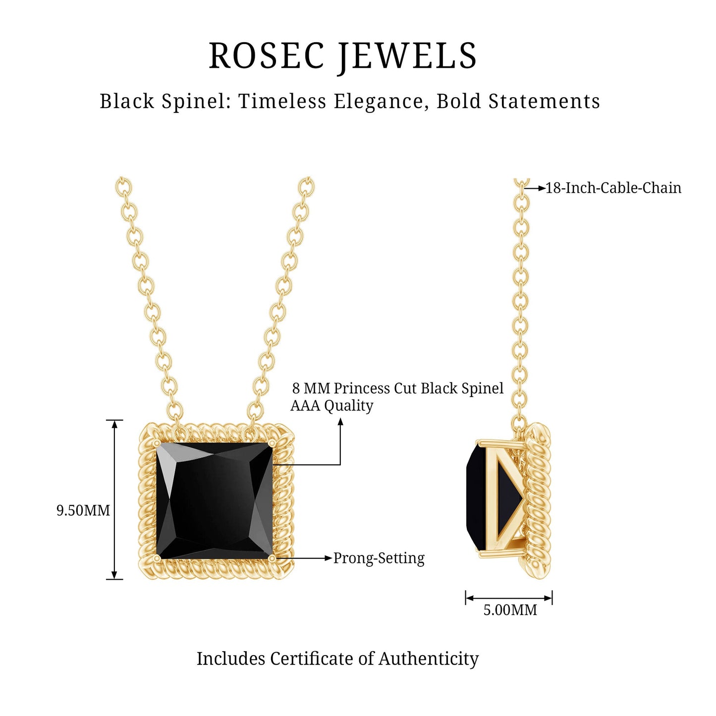 Natural Black Spinel Princess Cut Necklace in Gold Plated Silver