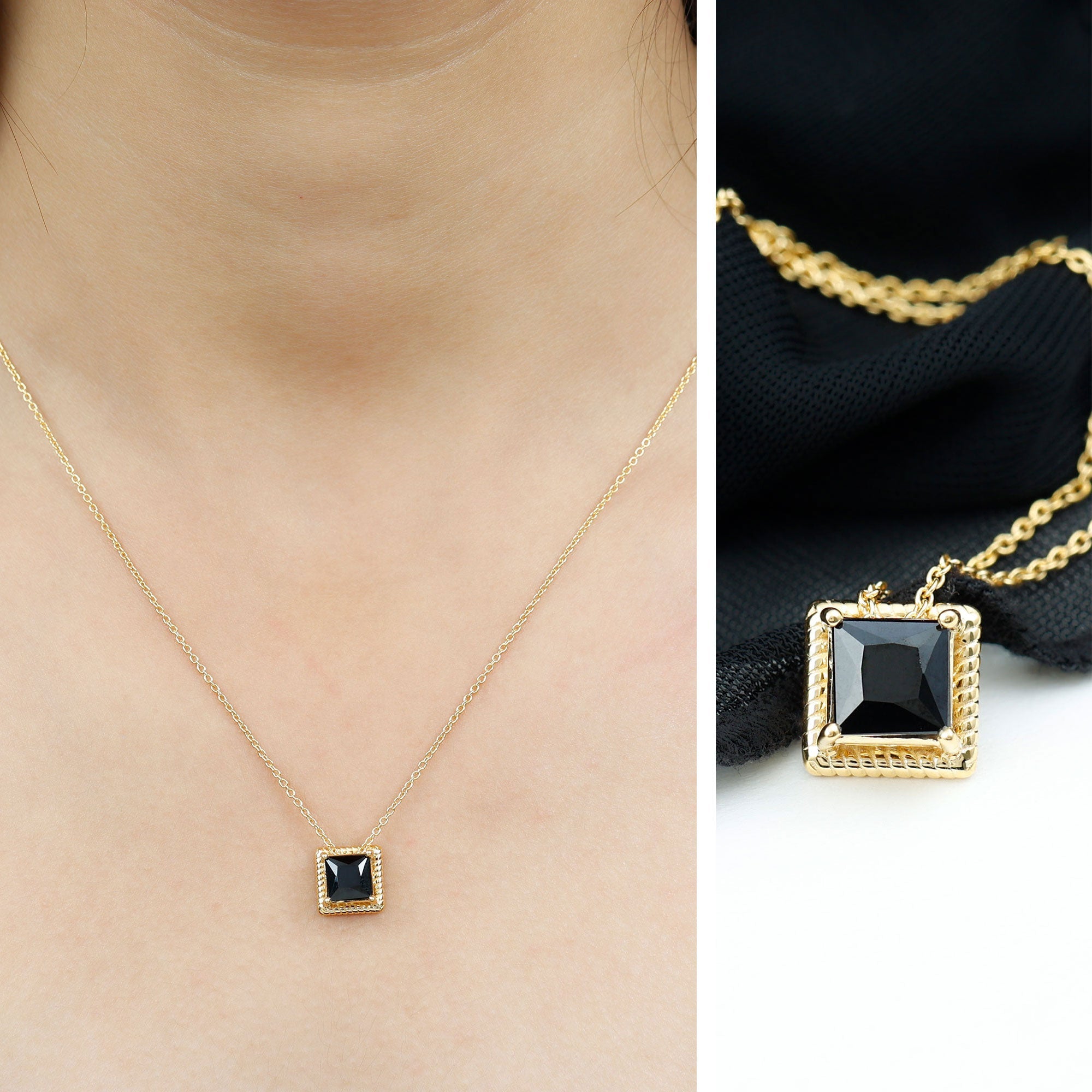 Natural Black Spinel Princess Cut Necklace in Gold Plated Silver