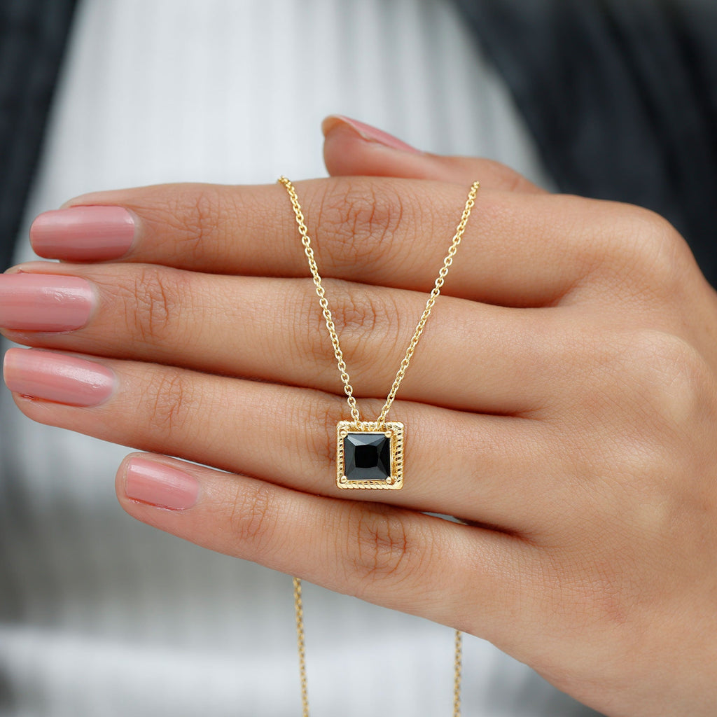 Natural Black Spinel Princess Cut Necklace in Gold Plated Silver