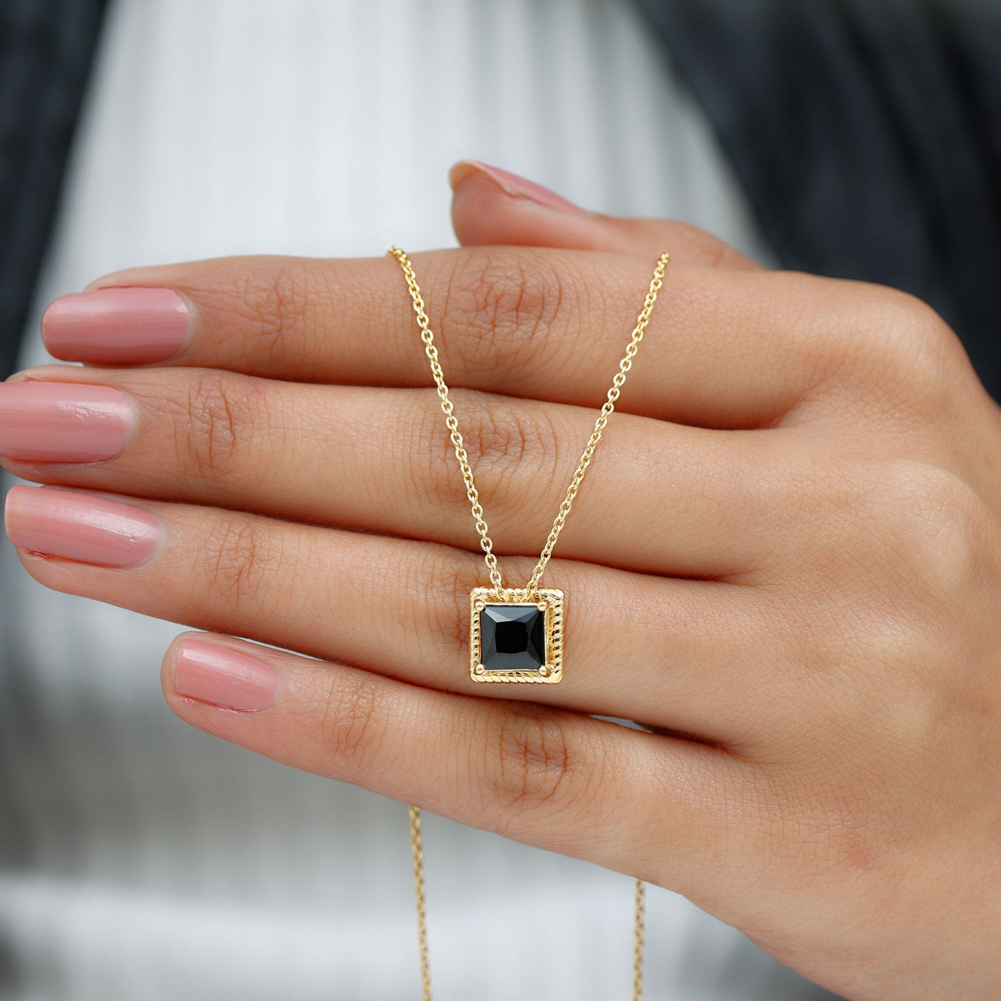 Natural Black Spinel Princess Cut Necklace in Gold Plated Silver