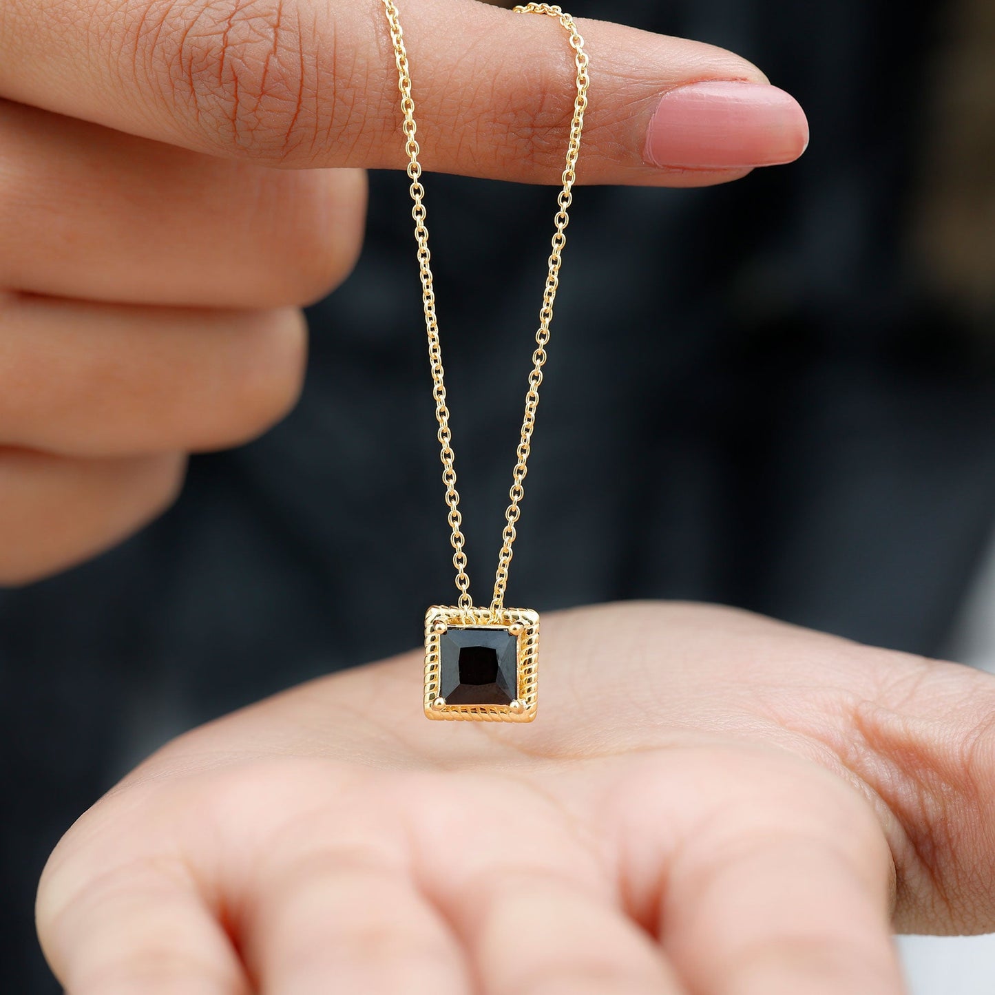 Natural Black Spinel Princess Cut Necklace in Gold Plated Silver