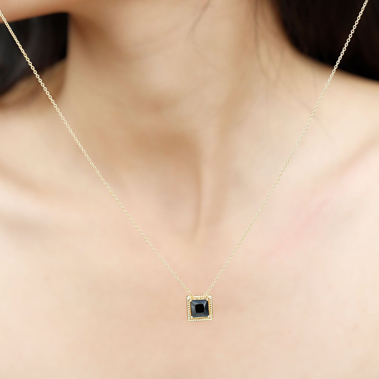 Natural Black Spinel Princess Cut Necklace in Gold Plated Silver
