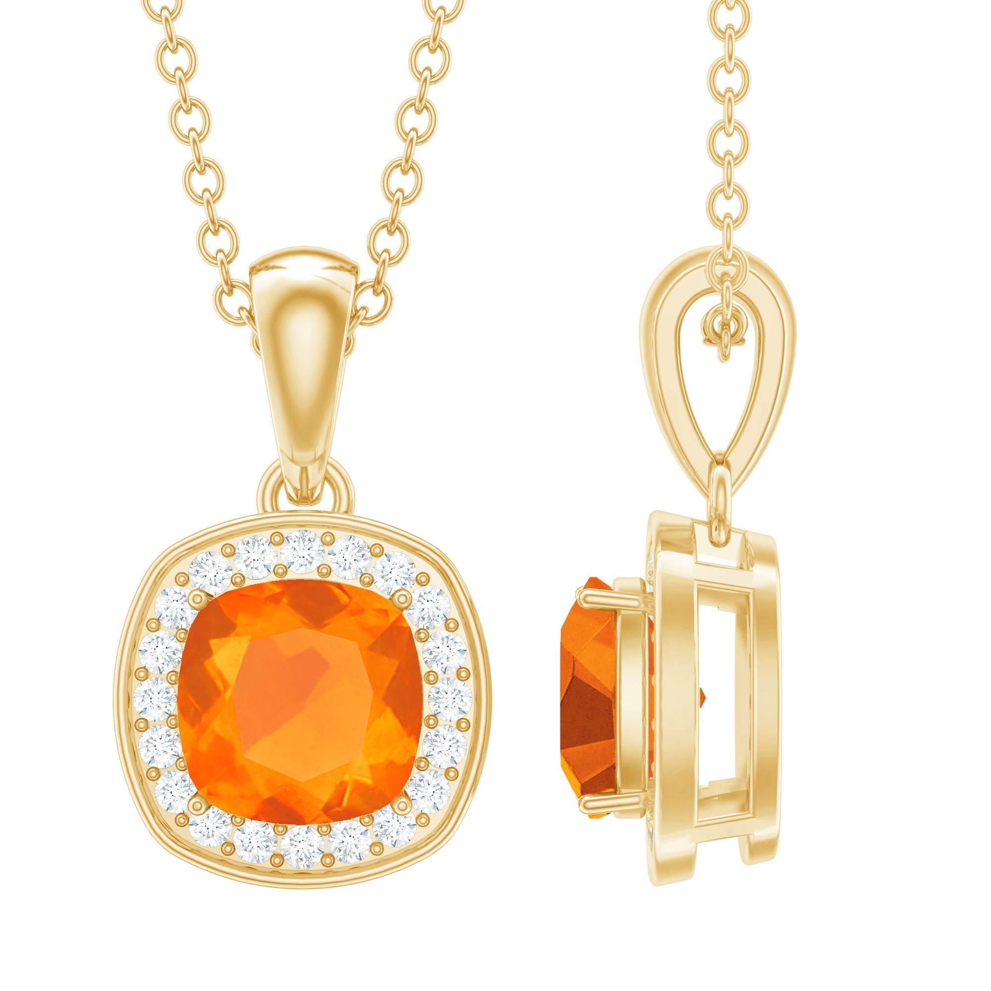 Certified 6 MM Cushion Cut Fire Opal and Diamond Halo Necklace
