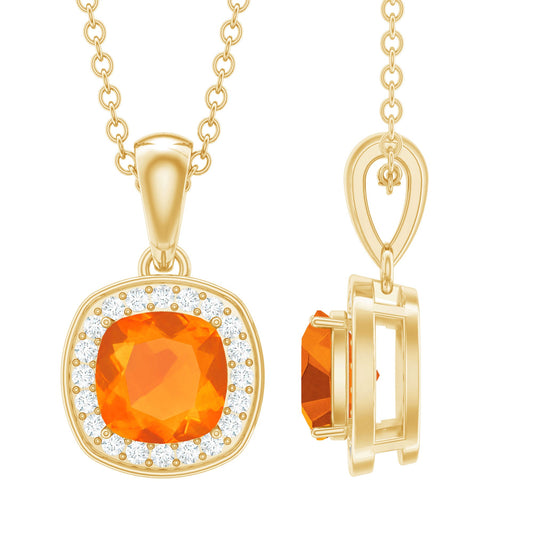 Certified 6 MM Cushion Cut Fire Opal and Diamond Halo Necklace
