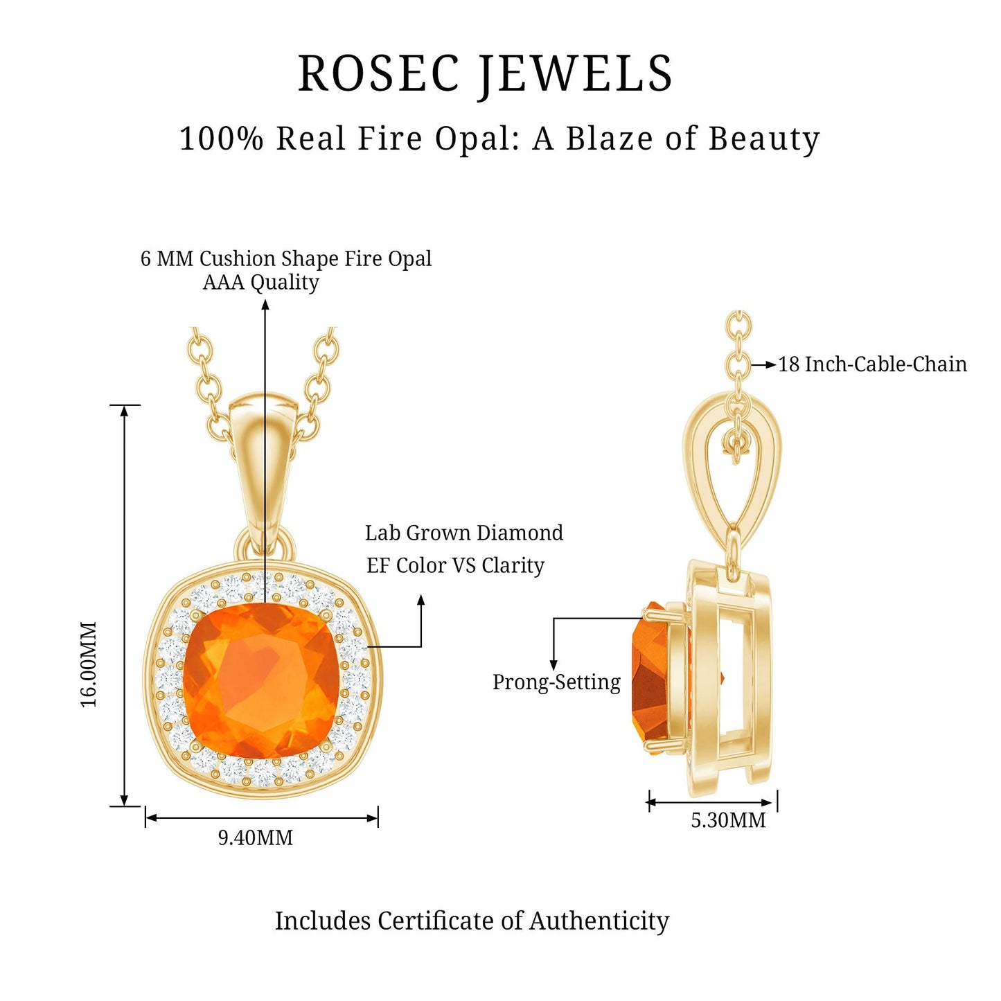 Certified 6 MM Cushion Cut Fire Opal and Diamond Halo Necklace