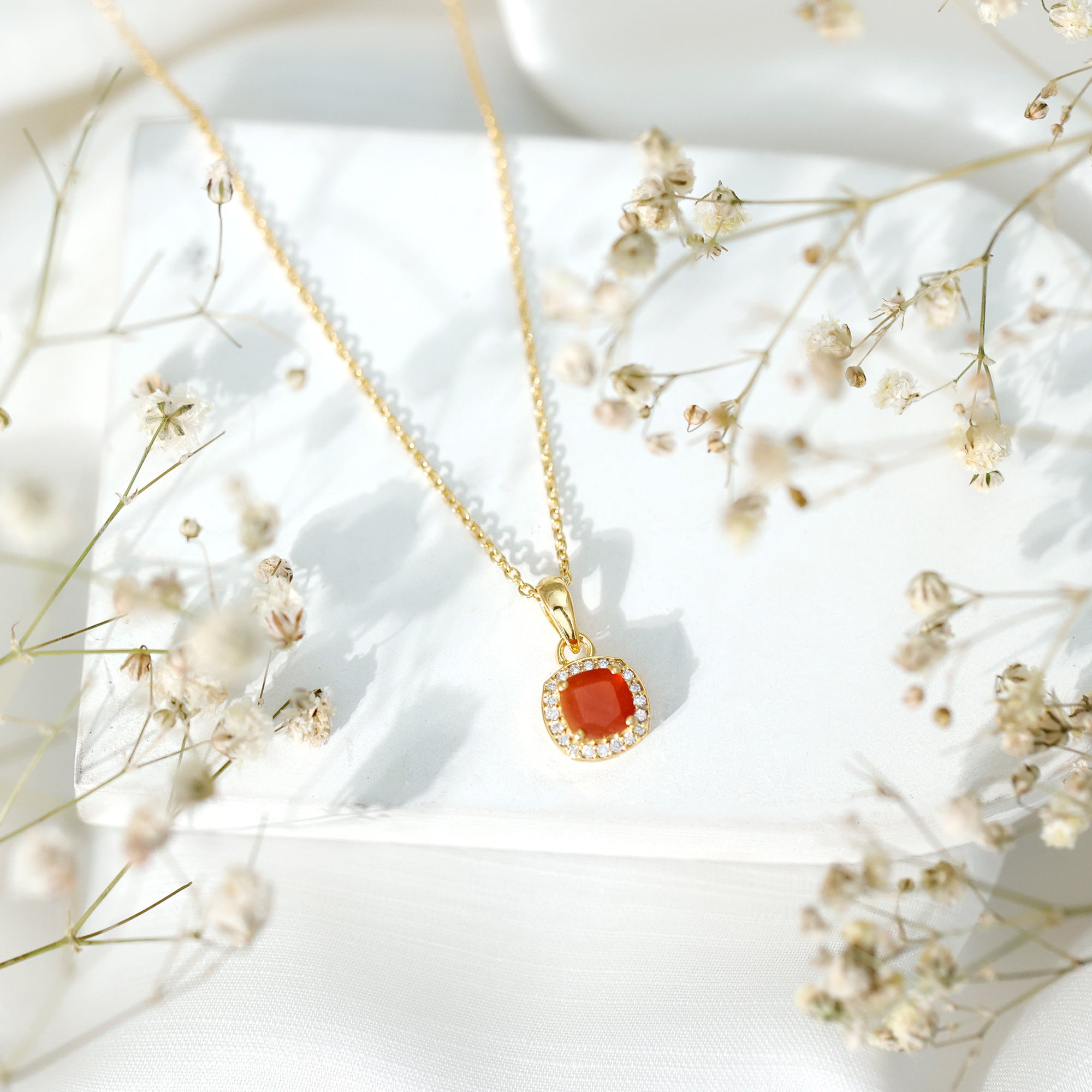 Certified 6 MM Cushion Cut Fire Opal and Diamond Halo Necklace