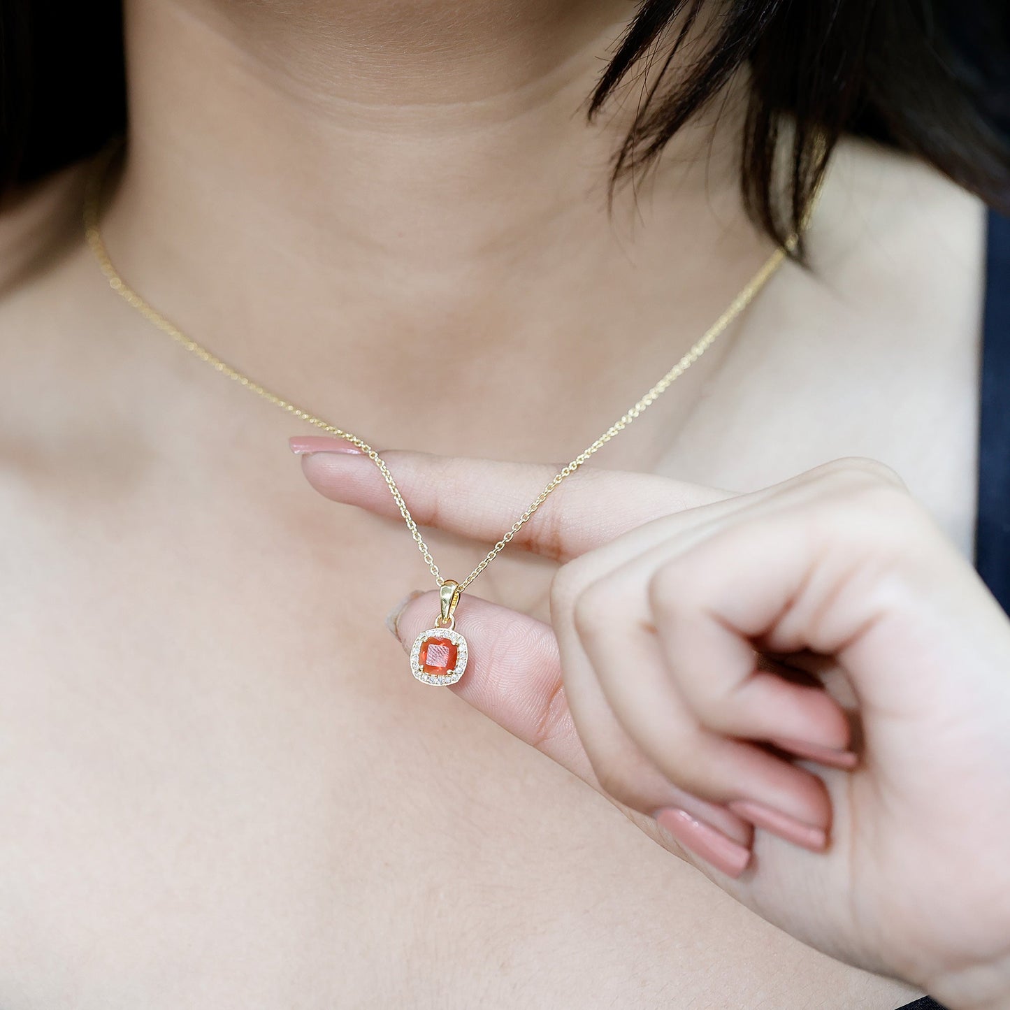 Certified 6 MM Cushion Cut Fire Opal and Diamond Halo Necklace