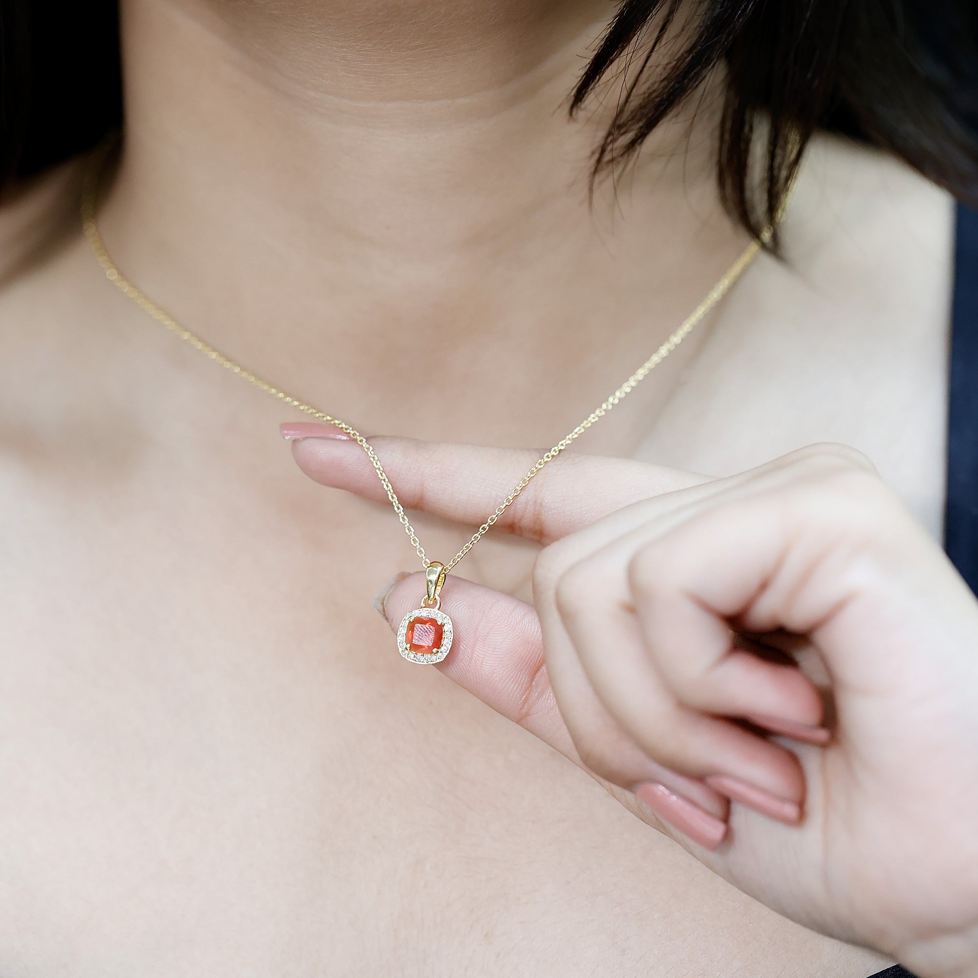 Certified 6 MM Cushion Cut Fire Opal and Diamond Halo Necklace