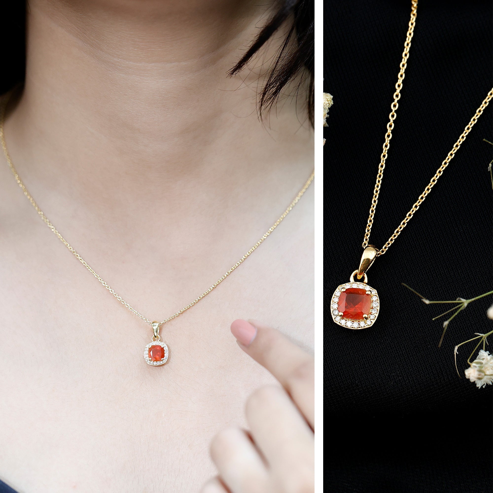 Certified 6 MM Cushion Cut Fire Opal and Diamond Halo Necklace