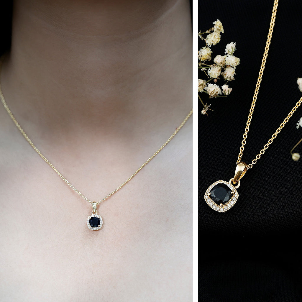 Lab Grown Black and White Diamond Halo Necklace with Silver Chain