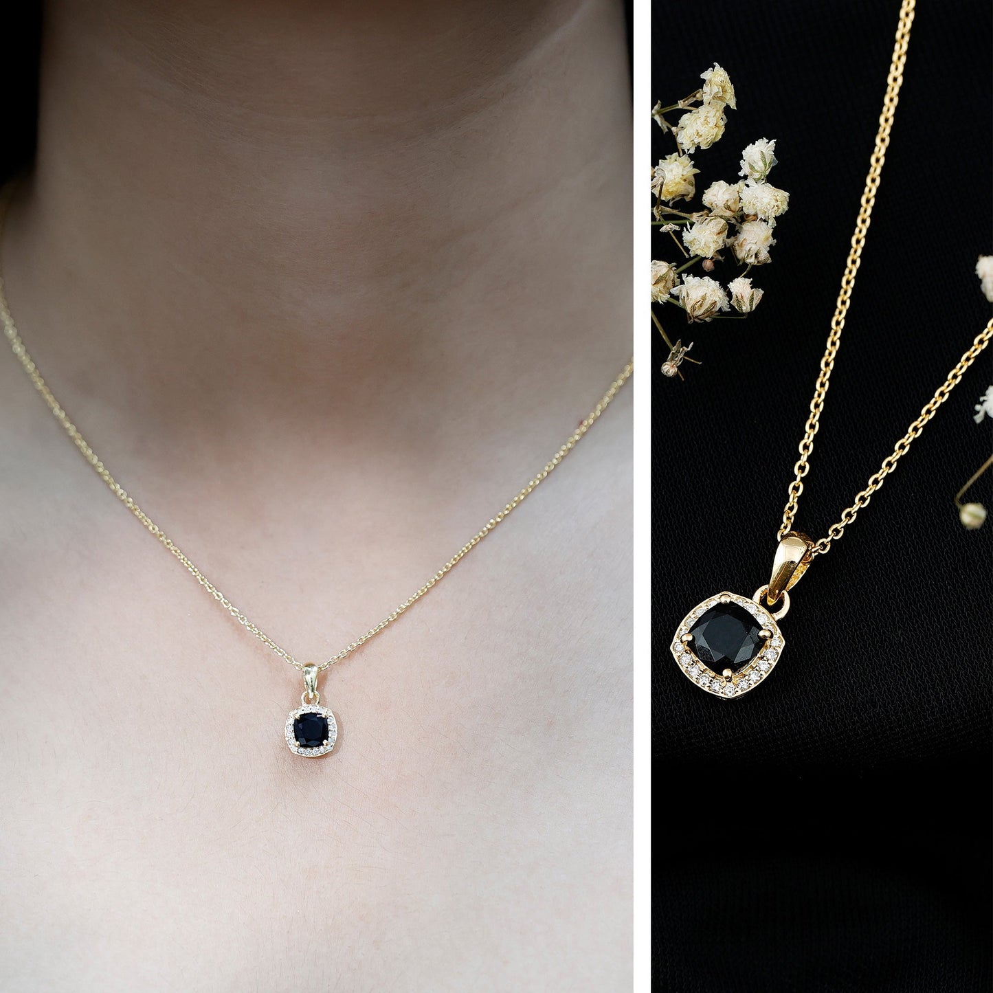 Lab Grown Black and White Diamond Halo Necklace with Silver Chain