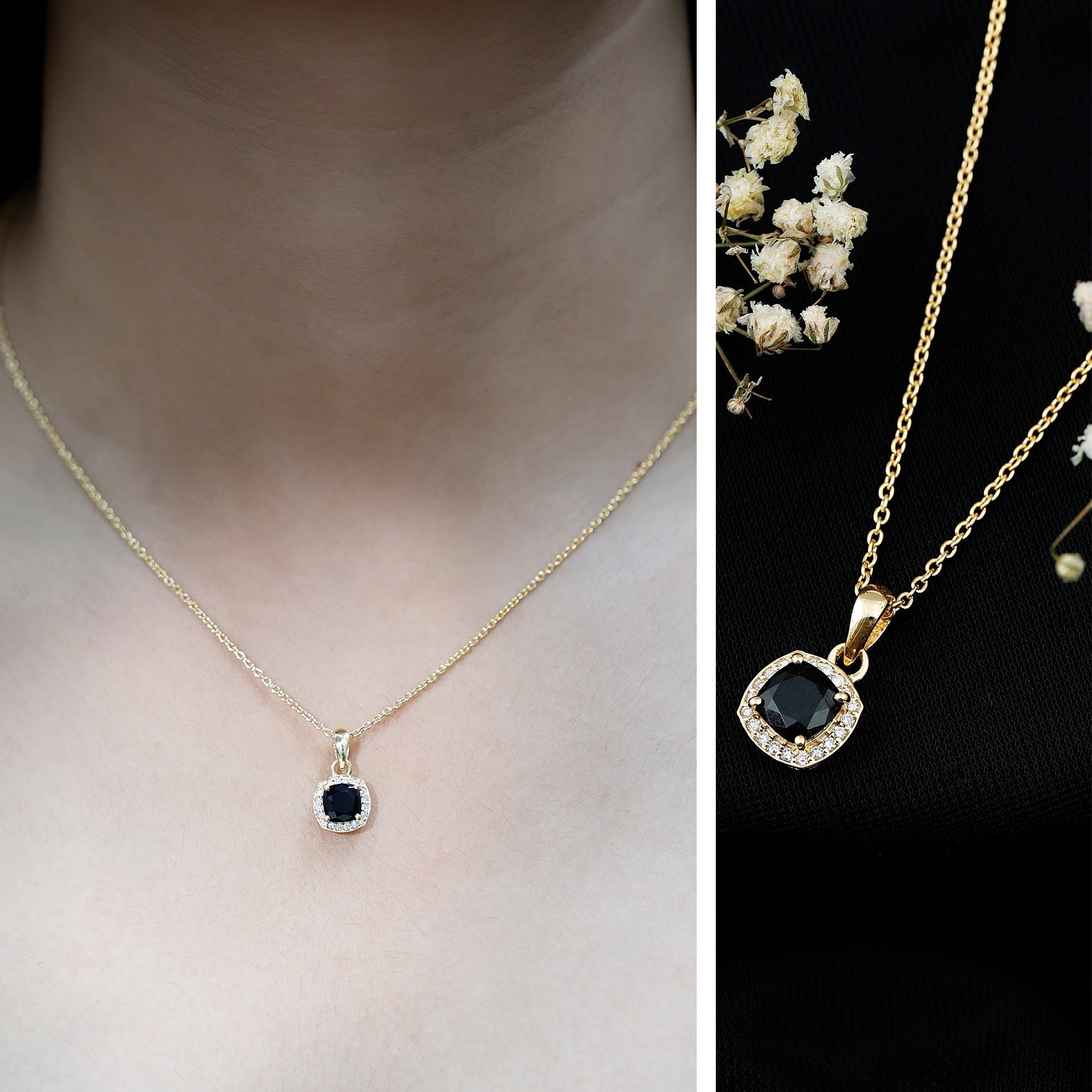 Lab Grown Black and White Diamond Halo Necklace with Silver Chain