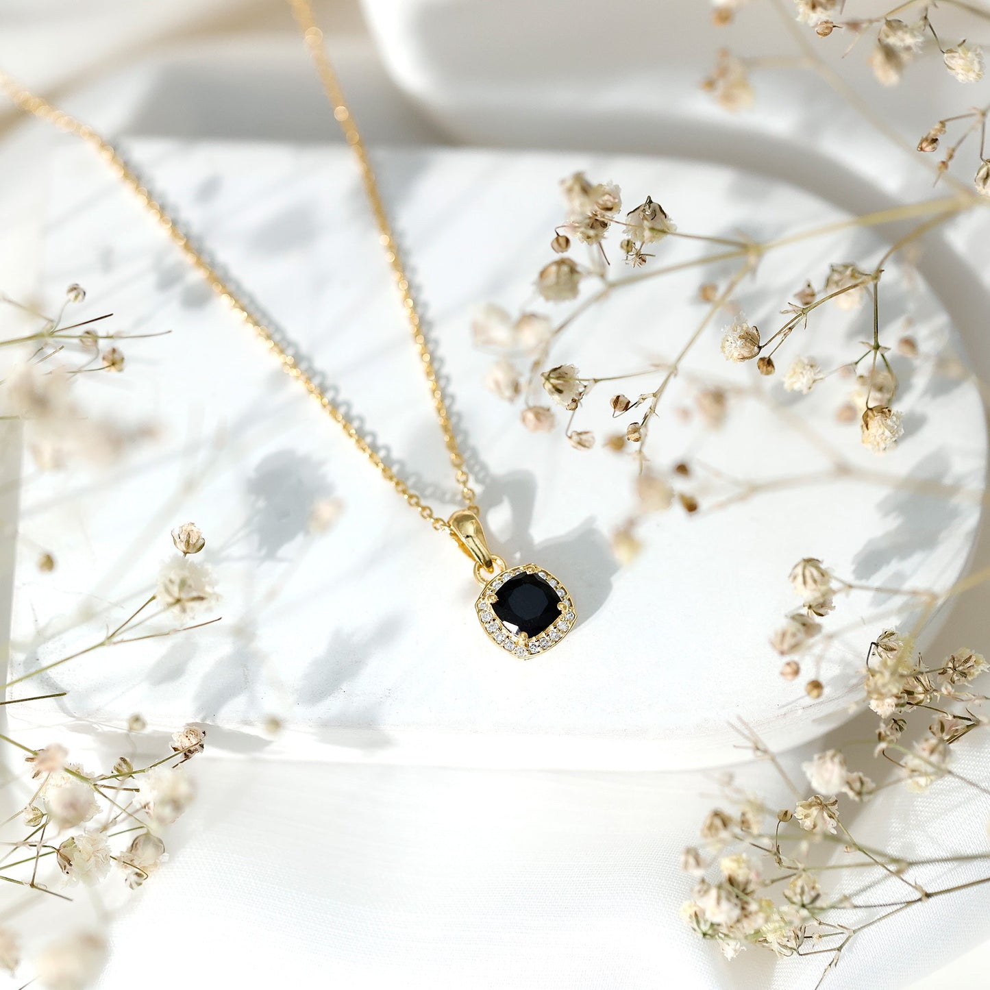 Lab Grown Black and White Diamond Halo Necklace with Silver Chain
