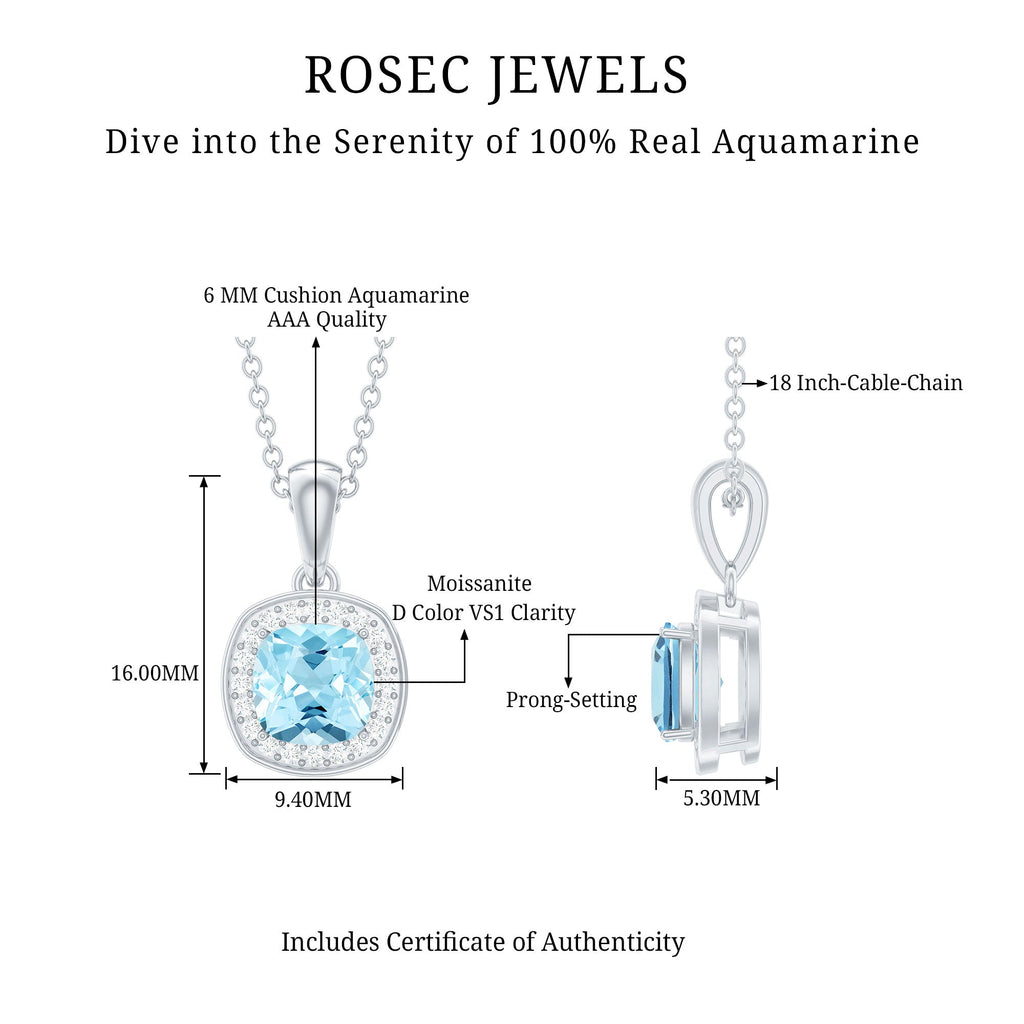 Cushion Cut 6 MM Aquamarine and Moissanite Halo Necklace in Silver
