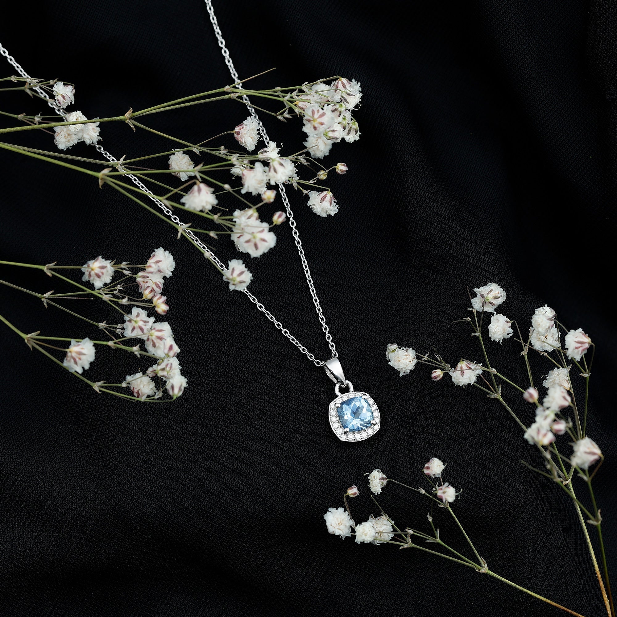 Cushion Cut 6 MM Aquamarine and Moissanite Halo Necklace in Silver