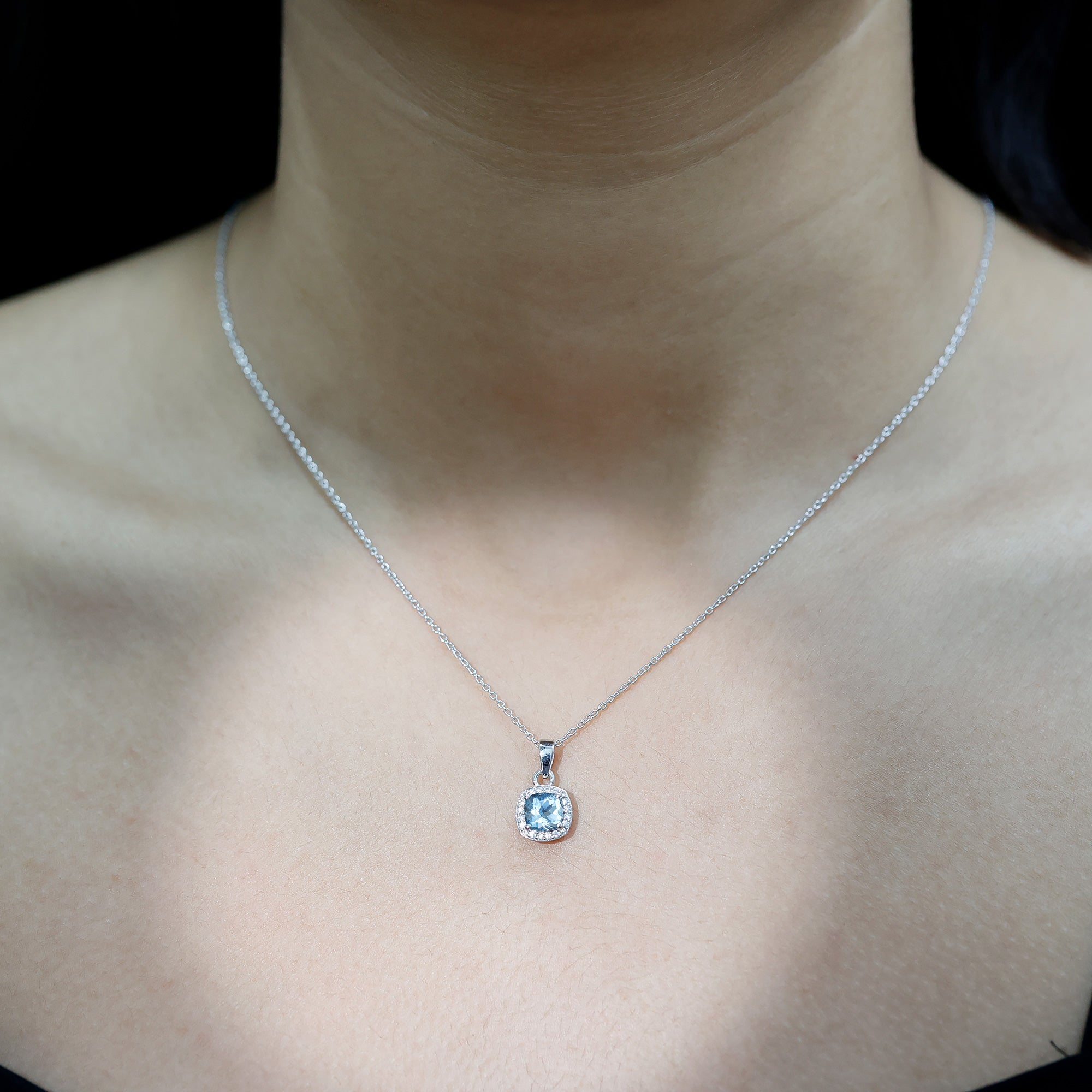 Cushion Cut 6 MM Aquamarine and Moissanite Halo Necklace in Silver