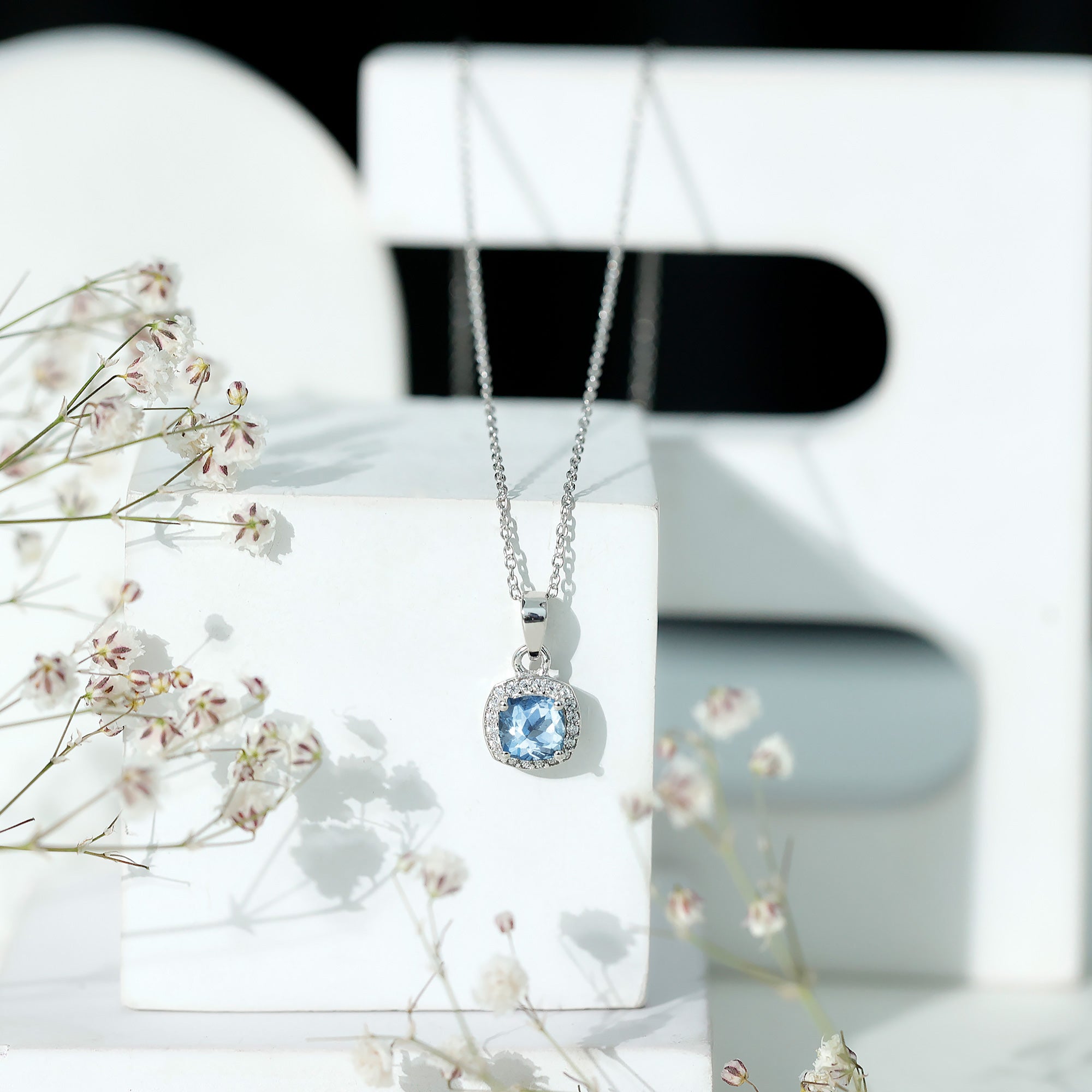 Cushion Cut 6 MM Aquamarine and Moissanite Halo Necklace in Silver